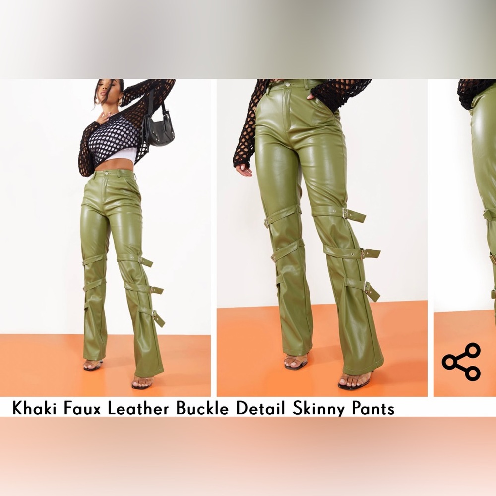 Khaki Faux Leather Buckle Detail Skinny Pants